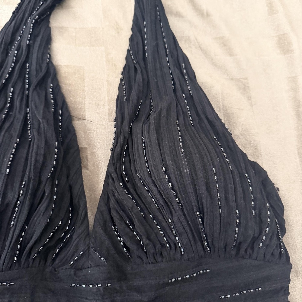 VTG Y2K Cache Tank Top Womens 8 Black Beaded Halter Camisole Chiffon Lined Party - Picture 4 of 13